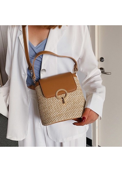 Kadın Küçük Hasır Kova Çanta Omuz Messenger Vahşi Çanta Kahverengi (Yurt Dışından) modelleri