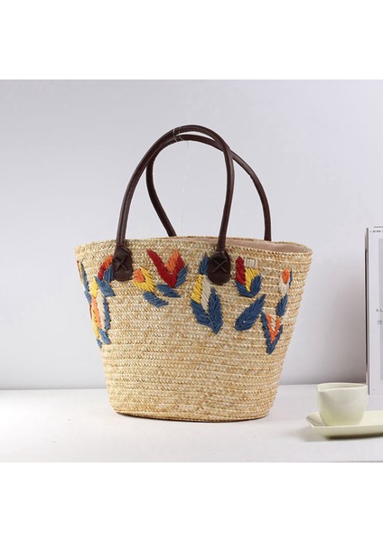 Kadın Omuz Çantası Yaz Saman Dokuma Tatil Plaj Için Yeni Basit Işlemeli Çanta Büyük Kapasiteli (Yurt Dışından) fırsatları