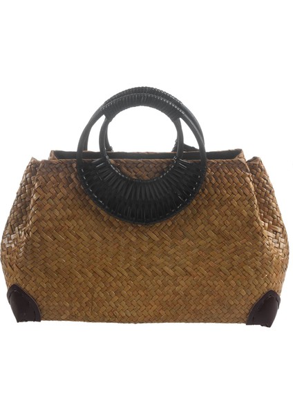 Kadın Hasır Çanta Kadın Bambu Yaz Plaj Örgü Çanta Bayan El Yapımı Vintage Ahşap Saplı Çanta Seyahat Örme (Yurt Dışından)
