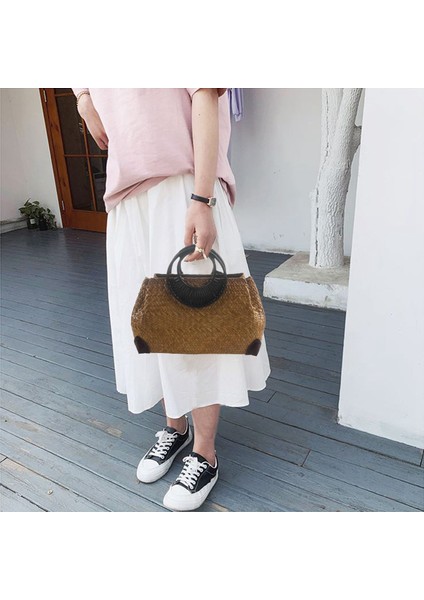 Kadın Hasır Çanta Kadın Bambu Yaz Plaj Örgü Çanta Bayan El Yapımı Vintage Ahşap Saplı Çanta Seyahat Örme (Yurt Dışından) fiyatları