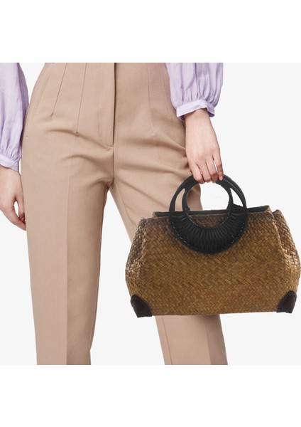 Kadın Hasır Çanta Kadın Bambu Yaz Plaj Örgü Çanta Bayan El Yapımı Vintage Ahşap Saplı Çanta Seyahat Örme (Yurt Dışından) modelleri