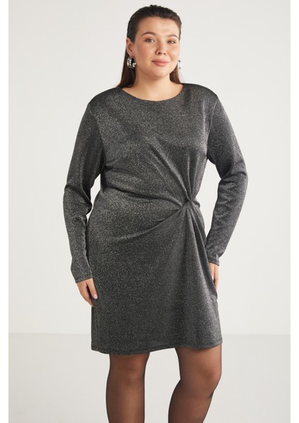 Andiebb Kadın Simli Kumaşlı Drape Detaylı Mini Gri Büyük Beden Elbise modelleri