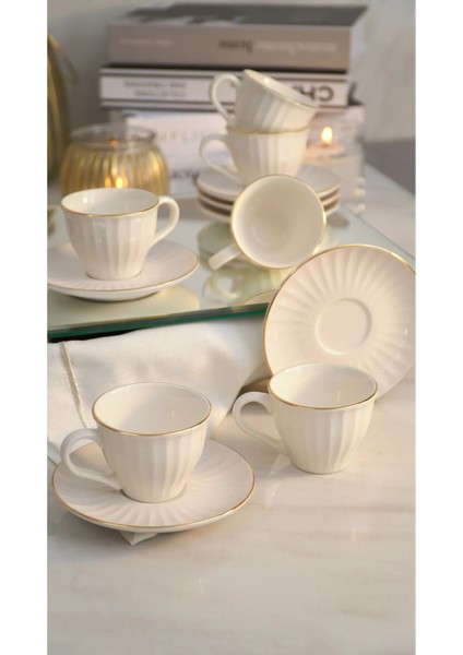 12 Parça 6 Kişilik Sadegül Çizgili ve Altın Yaldızlı Kahve Fincan Takımı - Kahve Fincanı Seti