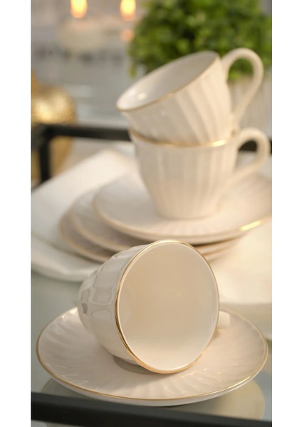 12 Parça 6 Kişilik Sadegül Çizgili ve Altın Yaldızlı Kahve Fincan Takımı - Kahve Fincanı Seti fiyatları