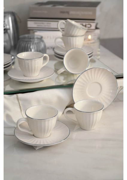 12 Parça 6 Kişilik Sadegül Çizgili ve Platin Gümüş Yaldızlı Kahve Fincan Takımı - Kahve Fincanı Seti