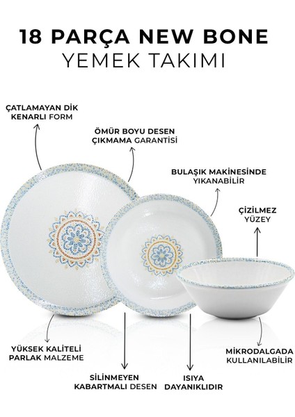 Kitchen Life 18 Parça 6 Kişilik Mosaik Porselen Yemek Takımı  - New Bone  Yemek Seti