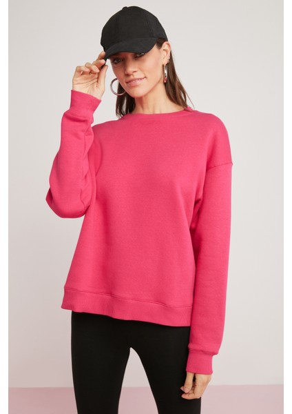 Alfreda Kadın İçi Polarlı Yumuşacık Yuvarlak Yaka Comfort Fit Pembe Sweatshirt