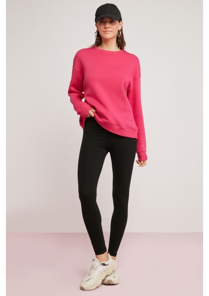 Alfreda Kadın İçi Polarlı Yumuşacık Yuvarlak Yaka Comfort Fit Pembe Sweatshirt