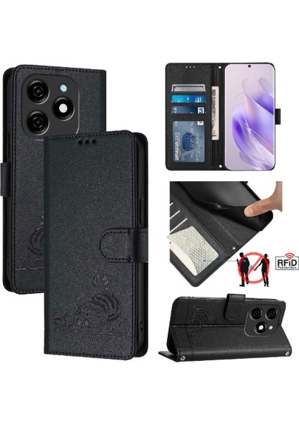 Tecno Spark 20 Kedi Rfıd Cüzdan Flip Kapak Kart Yuvası Tutucu Için Kılıf (Yurt Dışından)