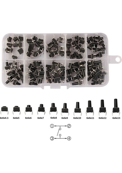 200 Adet 6X6MM Tact Buton Set 10 Farklı Yükseklikte 4 Pin Dokunmatik Anlık Basmalı Düğme Anahtar
