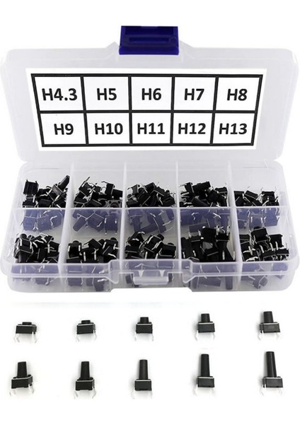 200 Adet 6X6MM Tact Buton Set 10 Farklı Yükseklikte 4 Pin Dokunmatik Anlık Basmalı Düğme Anahtar