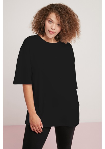 Gabrielle Kadın Bisiklet Yaka Yakası Kaşkorse Oversize Düz Siyah Büyük Beden T-Shirt fiyatları