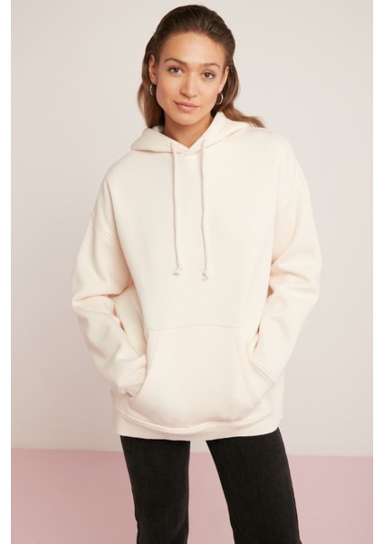 Carly Kadın İçi Polarlı Yumuşacık Kapüşonlu Kanguru Cepli Oversize Ekru Sweatshirt