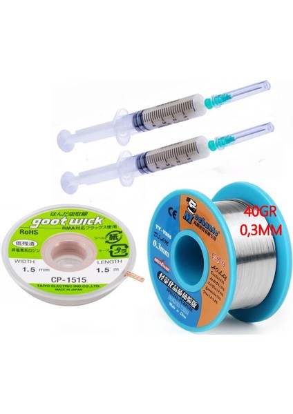 Dörtlü/ Set Flux,lehim Emme Tel 1,5mm ve Lehim Teli Soldering 63SN/37PB Flux %1-3 40GR 03MM