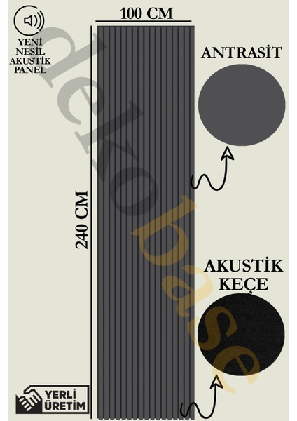 100 x 240 cm Antrasit Renk Akustik Ahşap Duvar Paneli