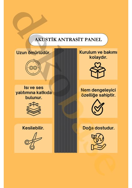 100 x 240 cm Antrasit Renk Akustik Ahşap Duvar Paneli