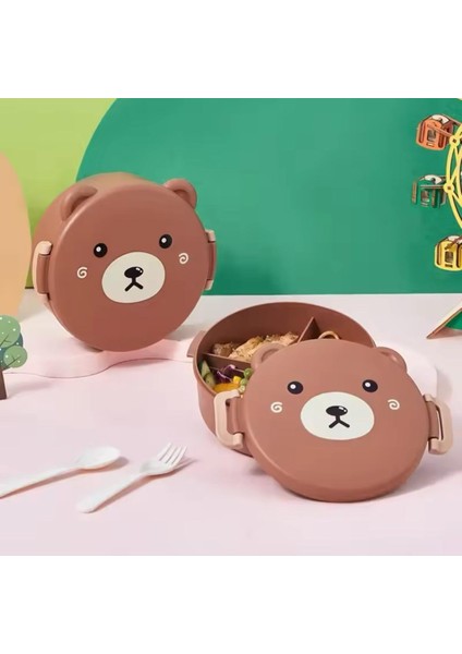 3 Bölmeli Çocuk Beslenme Kutusu Sevimli Ayıcıklı Beslenme Kaşıklı