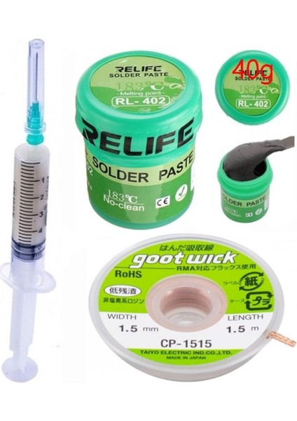 Relıfe RL-402/ Krem Lehim Solder Paste 183°C Noclean SN63/PB67 40G Lehim Toplama CP-1515 Emme Teli