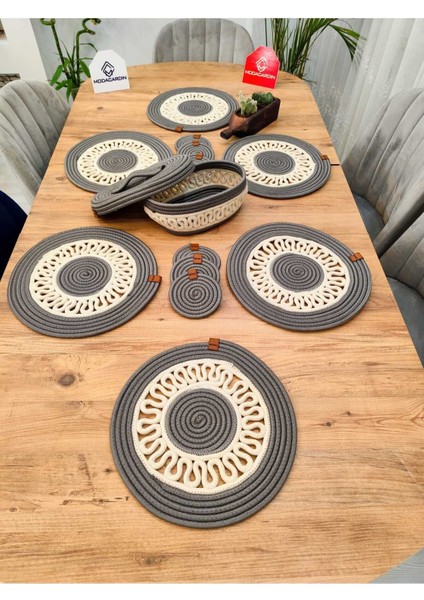 Jüt, Hasır, Dekoratif Yemek Masa Takımı, Amerikan Servis,6'Subla 6'Bardaklık 1'Sepet 13'Lü