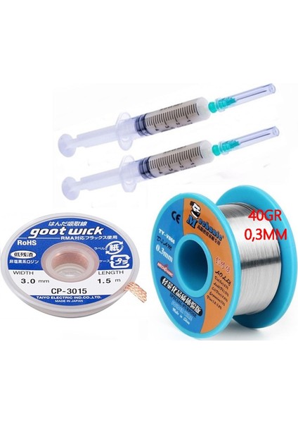 Dörtlü/ Set Flux,lehim Emme Tel 3,0mm ve Lehim Teli Soldering 63SN/37PB Flux %1-3 40GR 03MM