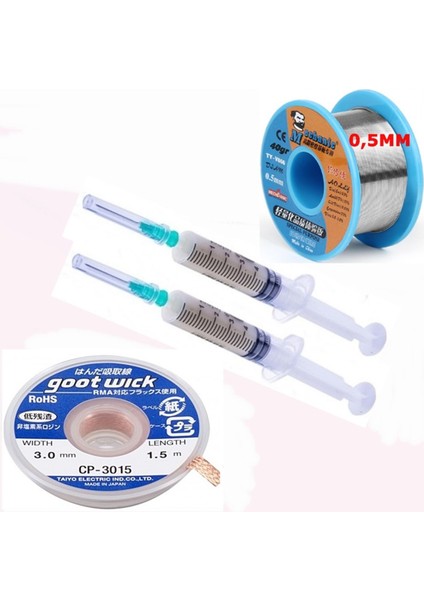 Dörtlü Set Flux,lehim Emme Tel 3,0mm ve Lehim Teli/ Soldering 63SN/37PB Flux %1-3 40GR 0,5mm