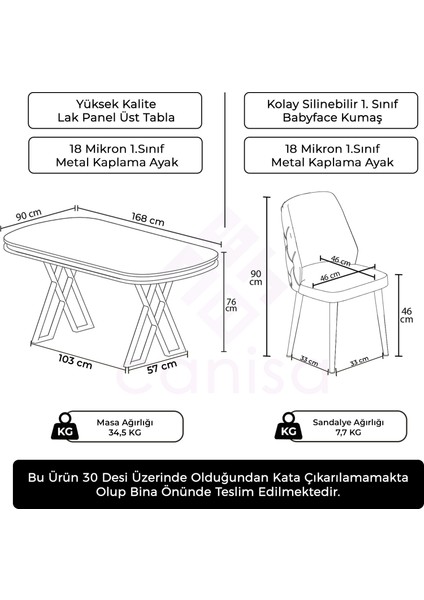 Afe Serisi 90X168 Lak Panel Beyaz Mermer Desen Gümüş Ayak Masa Takımı 6 Sandalye