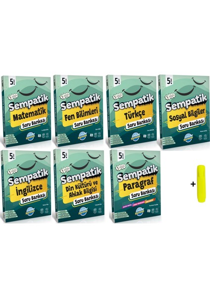 5. Sınıf Sempatik Matematik Soru Bankası - Fen Bilimleri Soru Bankası - Türkçe Soru Bankası - Sosyal Bilgiler Soru Bankası 7'li Set + Fosforlu Kalem
