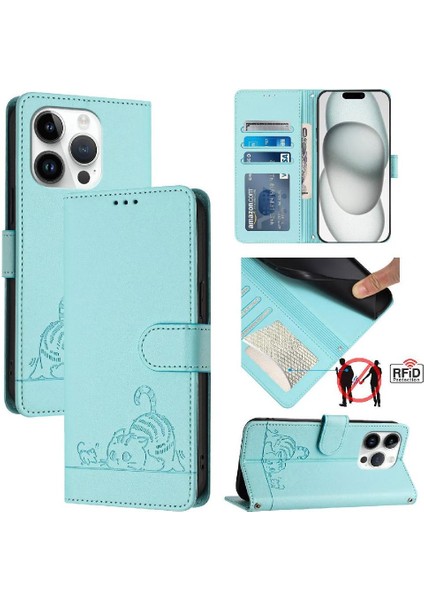 IPhone 14 Için Kılıf Pro Max Kedi Rfıd Kart Yuvası Tutucu Kickstand Cüzdan Flip (Yurt Dışından)