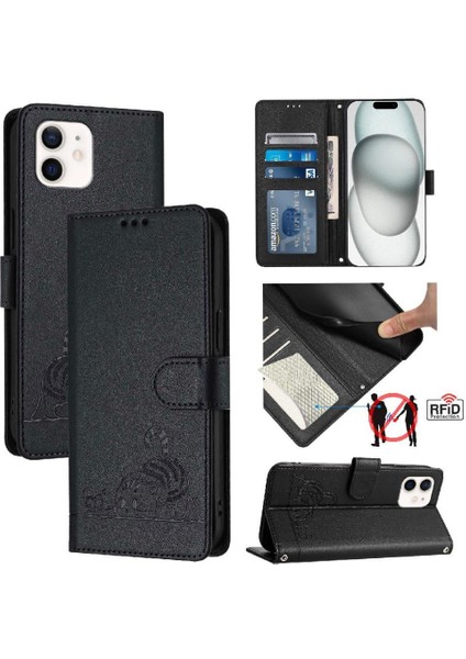 IPhone 12 Mini Kedi Rfıd Cüzdan Kapak Çevirin Kart Yuvası Tutucu (Yurt Dışından)