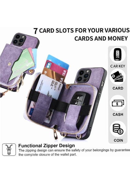 IPhone 14 Için Kılıf Pro Standı 7 Kart Yuvaları Fermuar Kapatma Ayarlanabilir (Yurt Dışından)