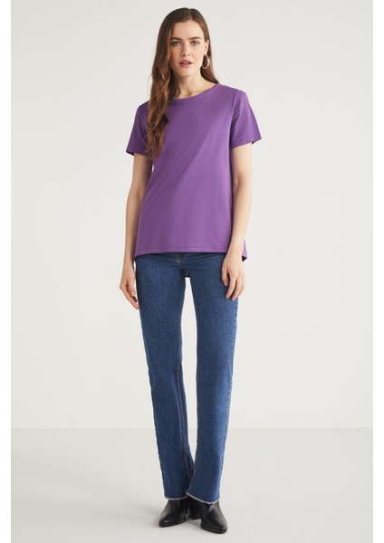 Tatum Kadın 100% Pamuk Süprem Yuvarlak Yaka Comfort Fit Mor T-Shirt