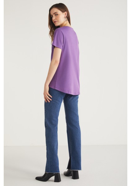 Tatum Kadın 100% Pamuk Süprem Yuvarlak Yaka Comfort Fit Mor T-Shirt