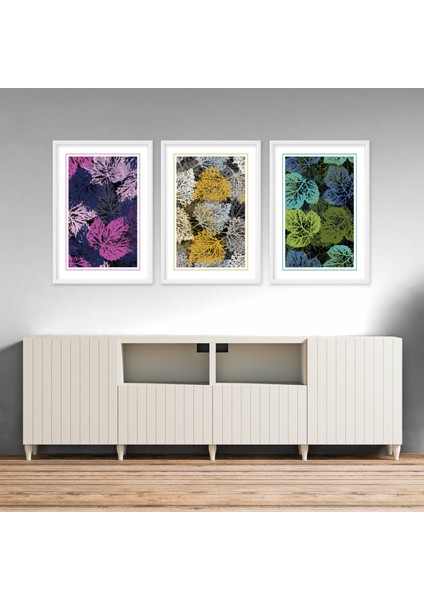 Soyut Terrazzo Tarzı Renkli Yapraklar - Lamine Çerçeveli 3'lü Tablo Seti