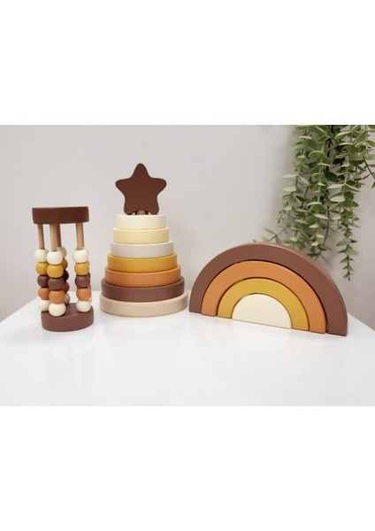 Tinyminywoods Yıldız Halka Kule Set (Halka Kule + Abaküs + Gökkuşağı )Ahşap Oyuncak Dekor Montessori Oyuncak