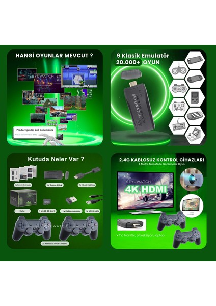 Nostalji Kablosuz Çift Kol Oyun Konsolu Uyumlu 4k-Hdmı 20000 Oyunlu 2.4g Retro Gaming Stick Atari