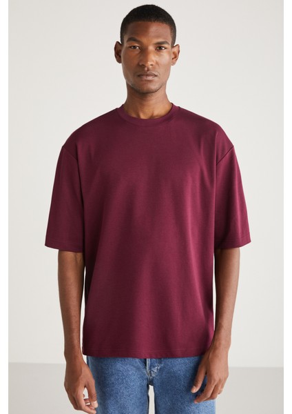 Joel Erkek %100 Organik Pamuklu Kalın Kumaşlı Özel Dokulu Etiket Detaylı Oversize Mürdüm T-shirt