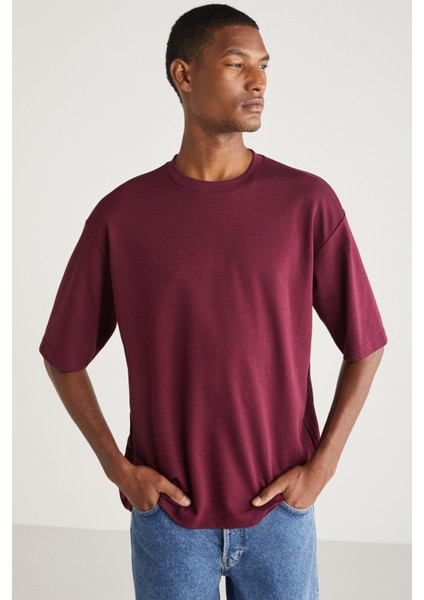 Joel Erkek %100 Organik Pamuklu Kalın Kumaşlı Özel Dokulu Etiket Detaylı Oversize Mürdüm T-shirt fiyatları