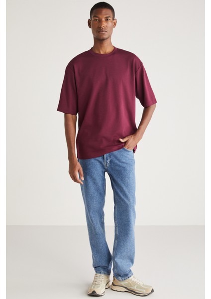 Joel Erkek %100 Organik Pamuklu Kalın Kumaşlı Özel Dokulu Etiket Detaylı Oversize Mürdüm T-shirt modelleri