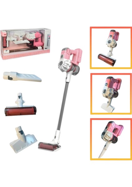 Pilli Sesli Model Çekme Özellikli Dikey Süpürge Oyuncak 75 Cm-Vakumlu Süpürge 3 In1