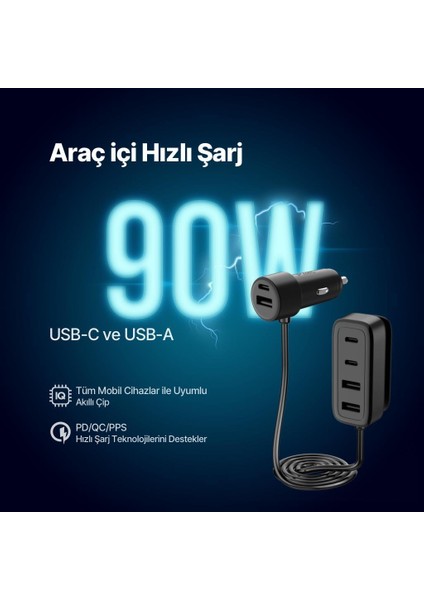 90W Süper Hızlı 6in1 Araç Şarj Cihazı, 3x USB / 3x Type C Girişli Akım ve Isı Korumalı Araç Şarjı