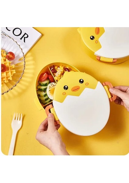 3 Bölmeli Çocuk Beslenme Kutusu Kaşıklı Sevimli Civcivli Beslenme Çantası