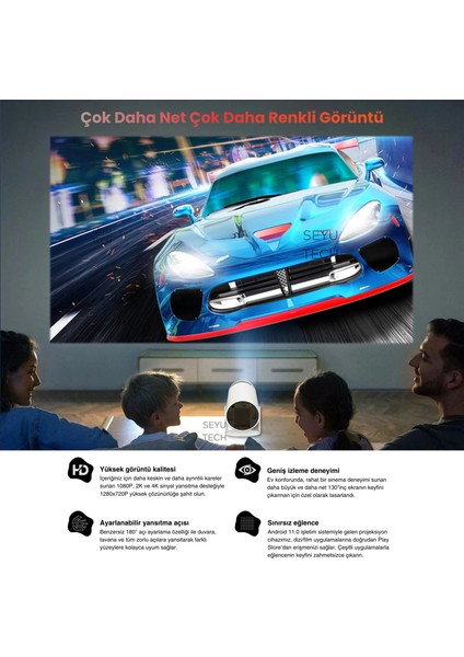 Taşınabilir 130" Inç Yansıtma Sinema Projeksiyon Cihazı Ev Sineması Dahili Android 11.0, Bluetooth