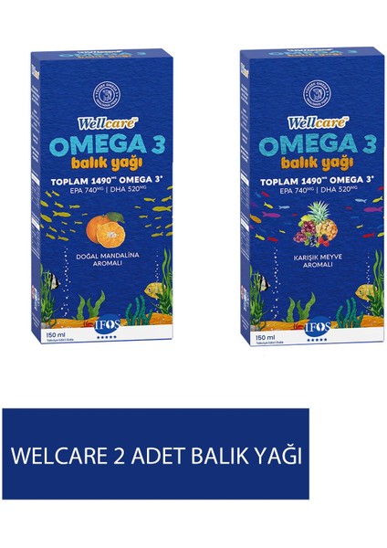 Omega 3 Doğal Mandalina Aromalı Balık Yağı 150 ml + Wellcare Omega 3 Karışık Meyve Aromalı Balık Yağı 150 ml