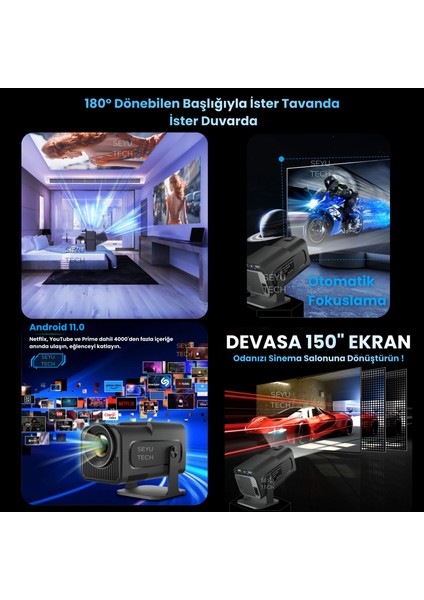 Taşınabilir Sinema Dizi Film Projeksiyon 1080P/2K/4K Ev Sineması Dahili Android 11, Wifi & Bluetooth