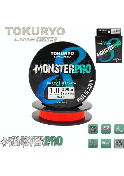 Tokuryo Lıne Lab Monsterpro X8 1.0pe 0.12MM 18IB 8.2kg Red 300MT Örgü Ip