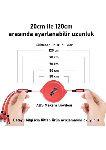 S28-RED 20CM-120CM Makaralı Uzayabilen Type-MicroB, Type-C, Lightning 3A Çoklu Şarj ve Data Kablosu