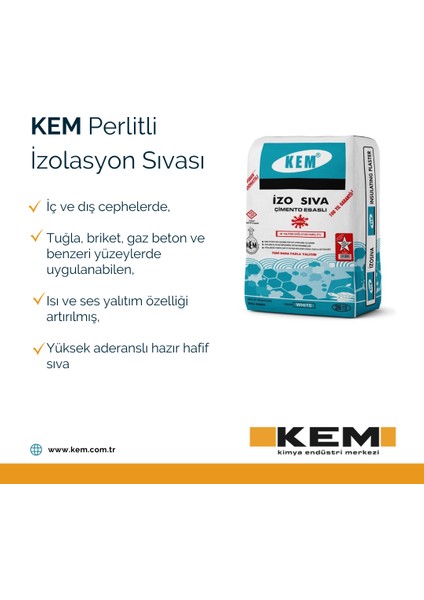 KEM İZO SIVA Perlitli İzolasyon Sıvası Beyaz 35KG Elyaf Donatılı İç/Dış Cephe Yalıtım Sıvası