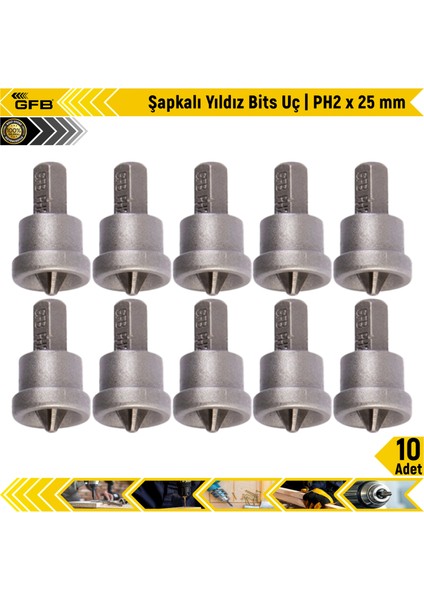 Şapkalı Yıldız Bits Uç | Ph2 x 25 mm | 10 Adet