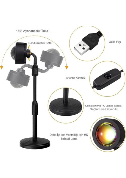 4 Renk Günbatımı Projektör 180 Derece Dönen Kumandalı Usb Gece Lambası Günbatımı Projektör