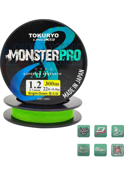 Tokuryo Lıne Lab Monsterpro X8 1.2pe 0.14MM 22IB 10.0kg Bright-Green 300MT Örgü Ip